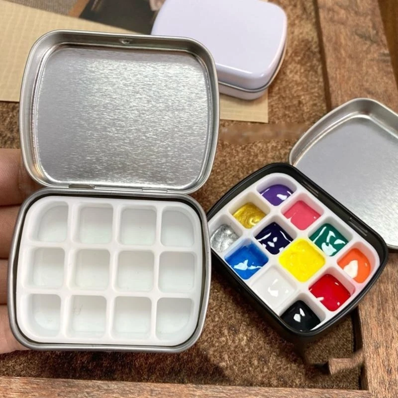 

Watercolor Paint Palette Box 12 Well Travel Paint Case Paint Metal Paint Storage Box Leakproof Lid for Artist Student H8WD