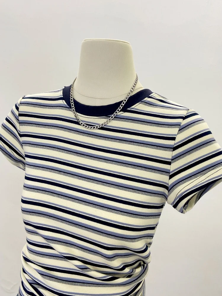 Korean Sle Striped Color Blo ort Sve T-irt Women's Slim Fit Base Layer Top Agel oulder Length Commute Faion
