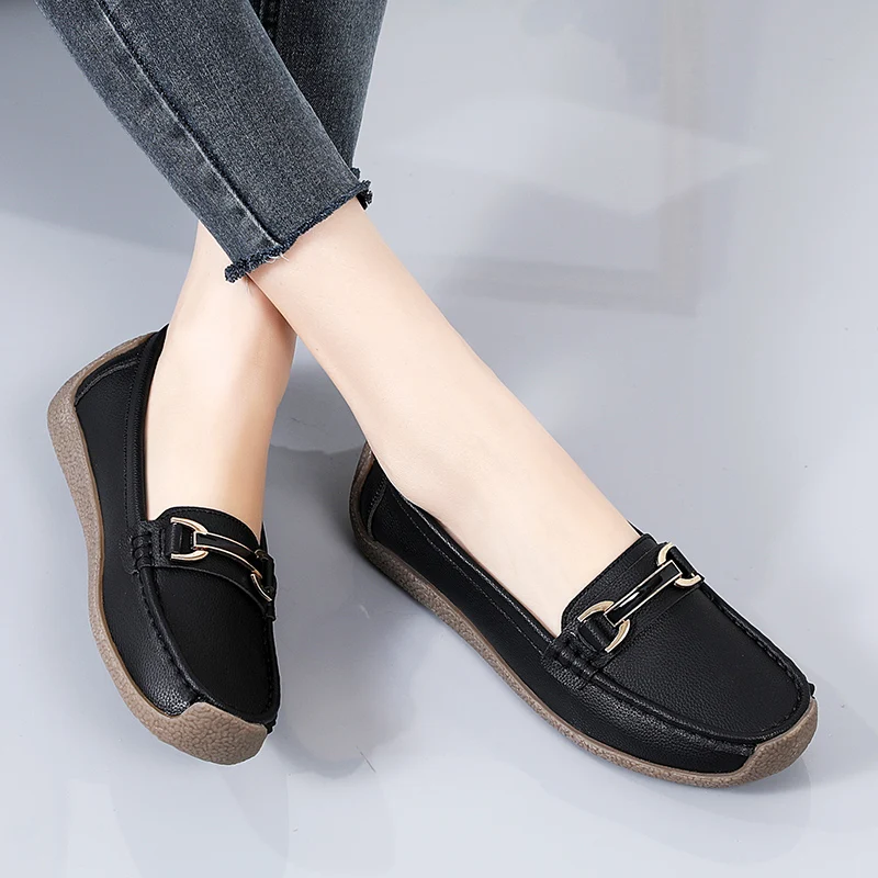 Zapatos planos versátiles de piel auténtica para mujer, calzado informal de suela suave, talla grande, Primavera, 2023