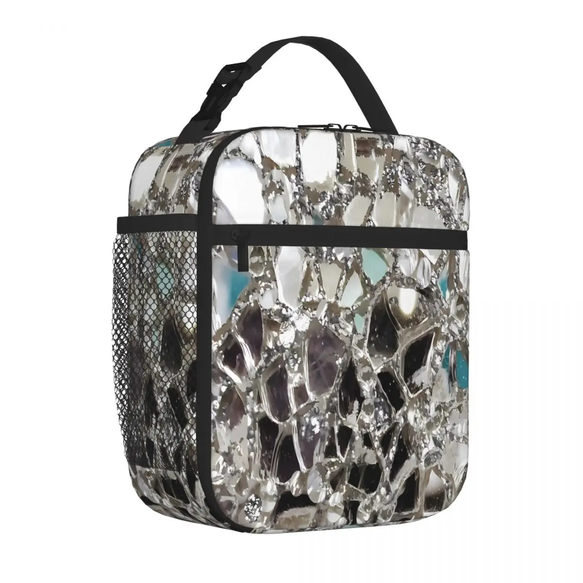 Bestselling Photographic Image Sparkly Silver Glitter Glass Compact Style Lunch Bag Hiking Snack Meal Bag