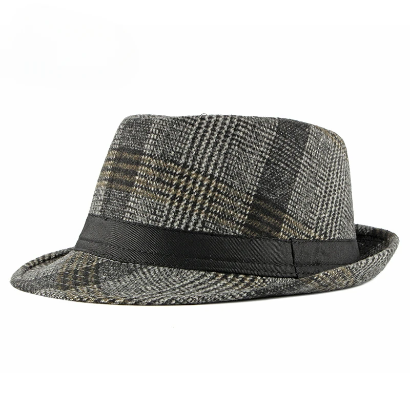 Spring Summer New Vintage Checked Top Hat Men\'s Middle-aged and Elderly Woolen Gentleman\'s Hat Jazz Hat