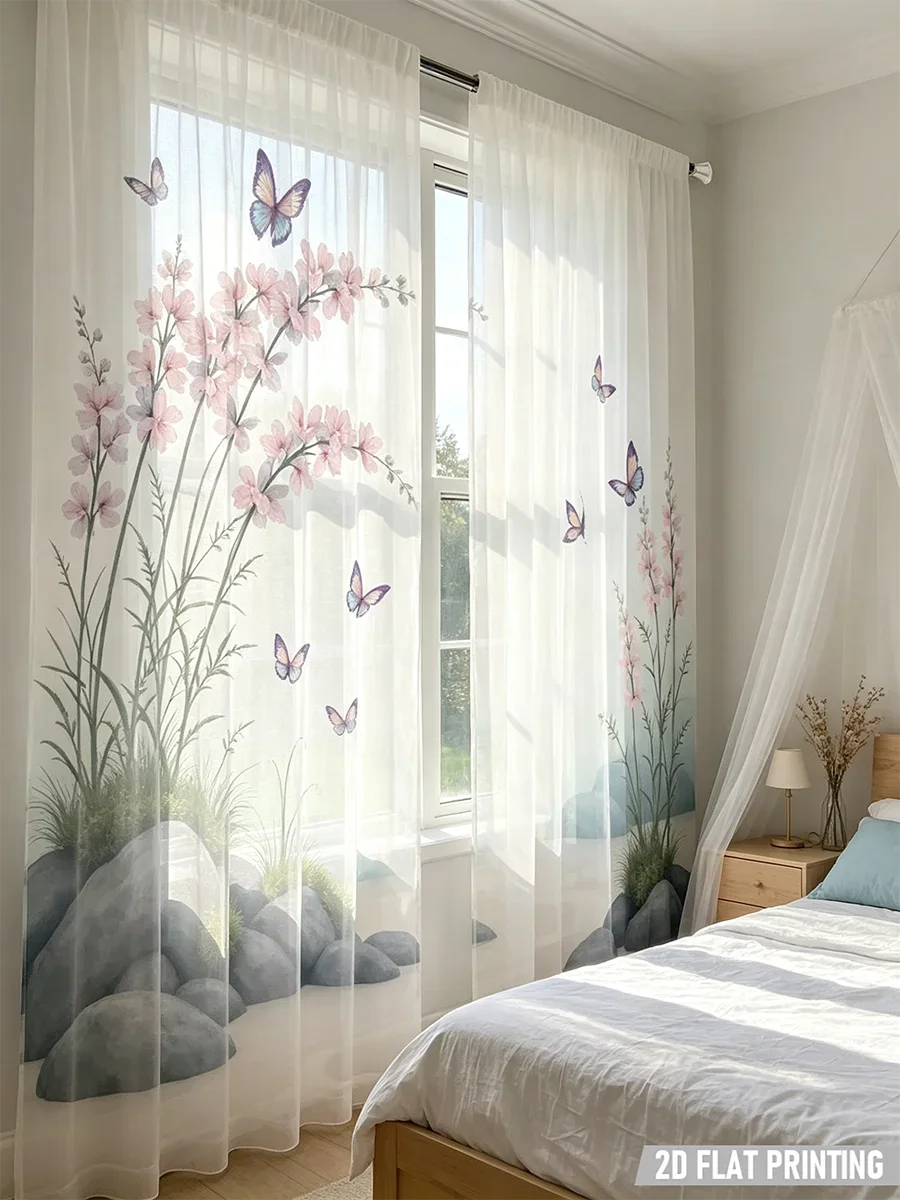 2PCS Digital Print Sheer Curtain, Mountain Stream Stone, Nature Landscape Zen - Voile Drapes for Bedroom Living Room Decor
