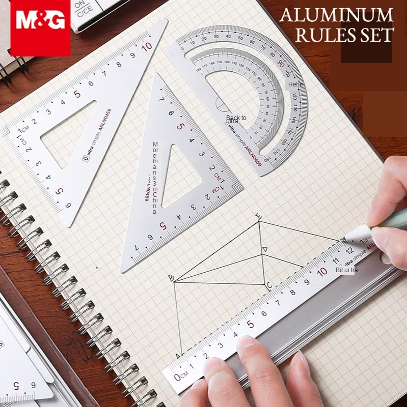 4Pcs/set M&G Black/Sliver aluminum Metal Ruler Set Maths Drawing compass stationery Rulers pencil for student stationery