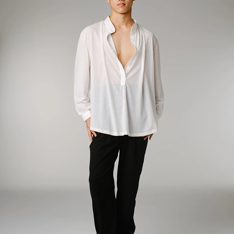 2025 남성용 새로운 라틴 댄스 대회 의류 흰색 긴팔 셔츠 차차 룸바 탱고 성인 라틴 댄스웨어 DQS20660