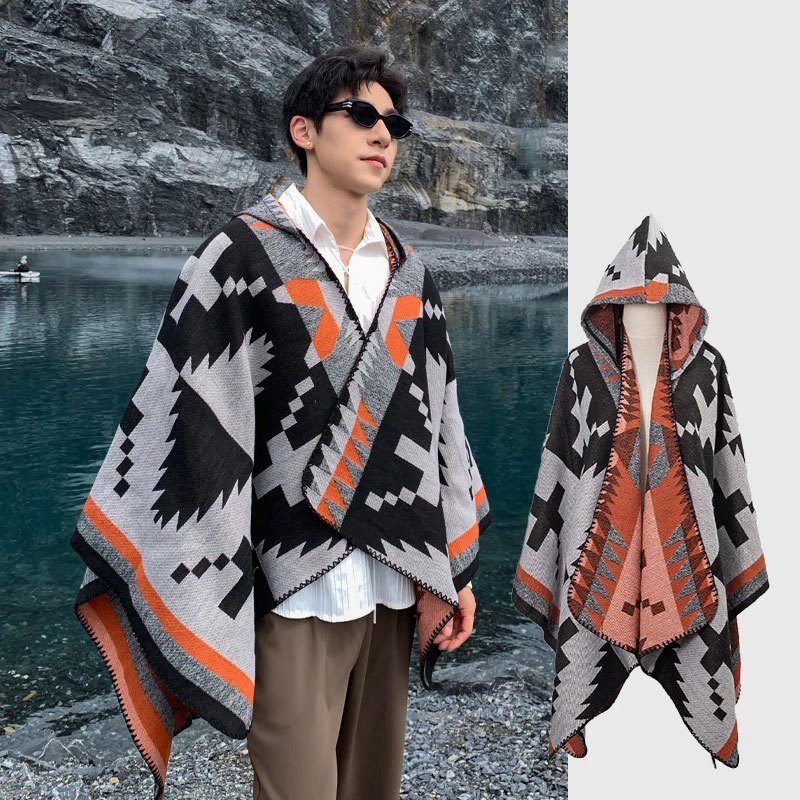 

Модный красочный плащ-накидка в этническом стиле из искусственного кашемира, длинное пончо с капюшоном, унисекс, осенне-зимнее пончо-шаль, летний дорожный плед