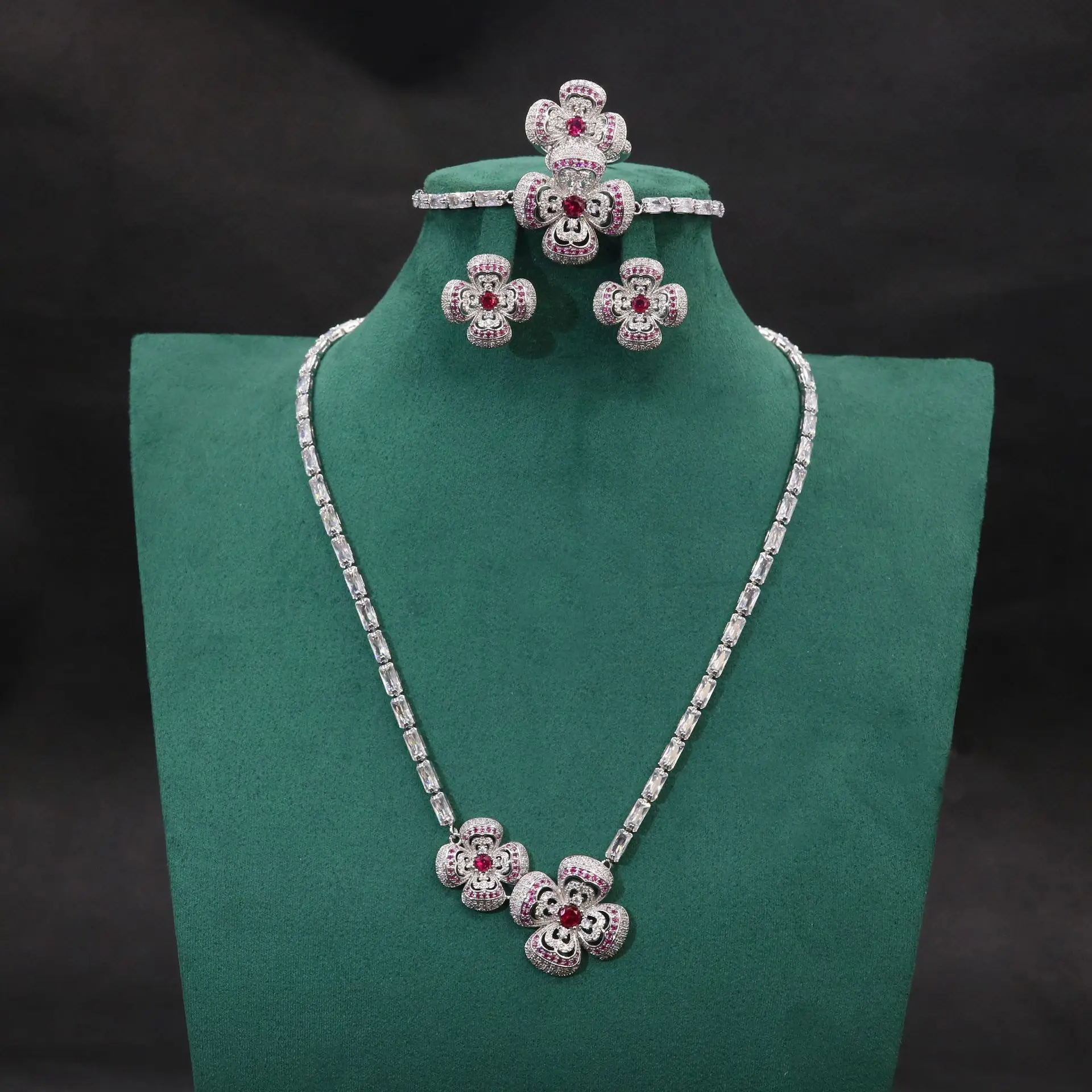 

European and American Flower Fashion European and American Cross-border Bridal Necklace Bracelet Earrings Ring Four-piece Women'