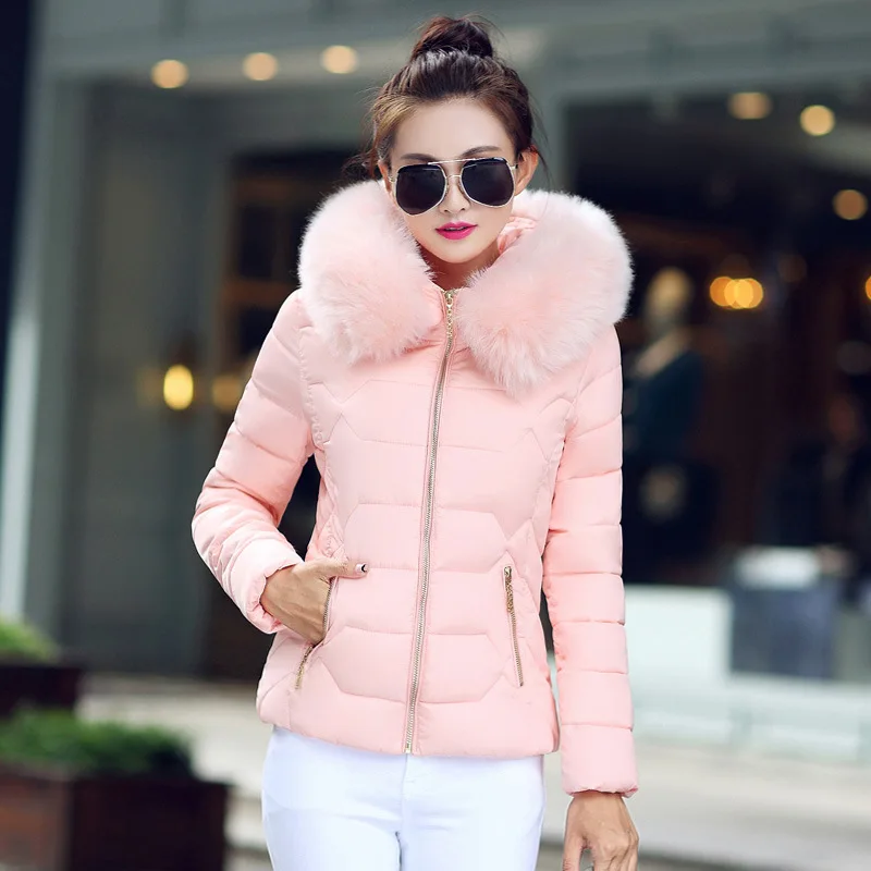 Women Short Parkas Coat Hooded Jacket Oversize Solid Big Fur Collar Long Sleeve Zipper Slim Thick Office Lady Casual 2025 Winter