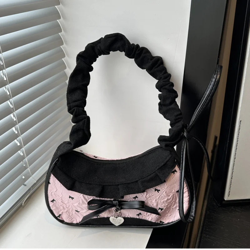 

Y2k Pleated Ladies Handbag, Elegant Cherry Zip-up Underarm Bag, Fashion Bow-shaped Polka Dot Coin Purse, Large Canvas Saddle Bag