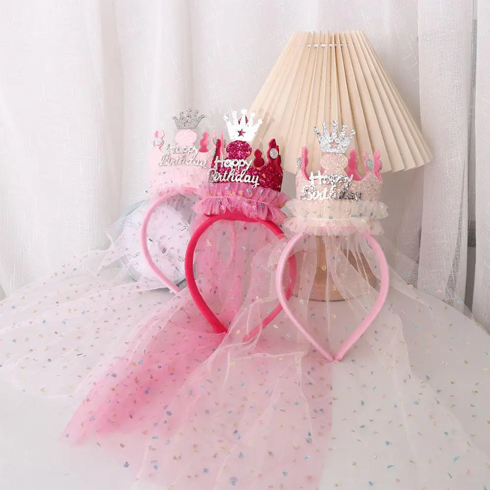 Couronne en maille à sequins pour enfants, cerceau de cheveux, bandeau d'anniversaire, bandeau de sauna de style coréen, vêtements de sauna pour filles, accessoires pour cheveux, joyeux anniversaire