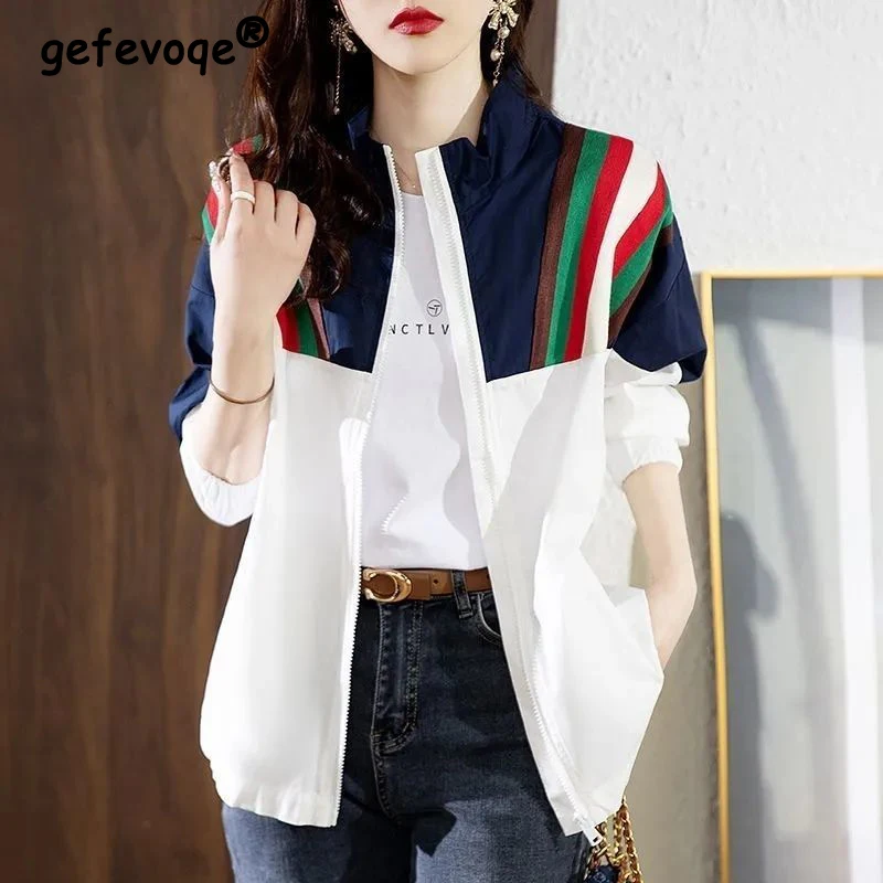 

Spring Autumn Stand Collar Casual Fashion Spliced Sporty Coat Top Women Long Sleeve Loose Zipper Cardigan Jacket Female Clothes