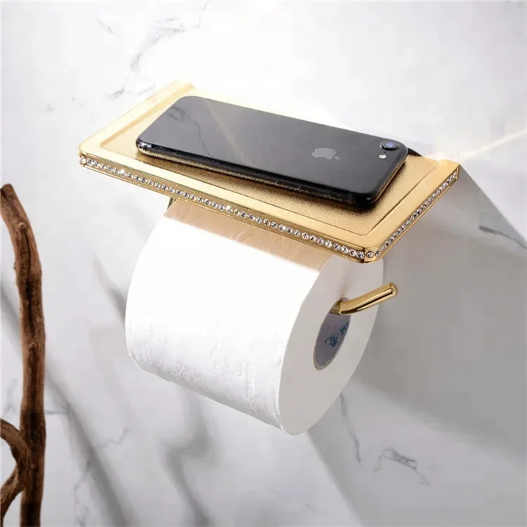 

24K Gold ORB Chrome & Crystal Wall Mounted Toilet Paper Holder Bathroom Fixture Roll Paper Holders With Phone Shelf