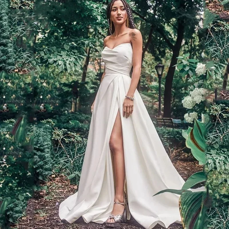 Robe de Mariée en Satin Blanc avec lèvent et Traîne Plissée, Ligne A, Fente Haute, 2024