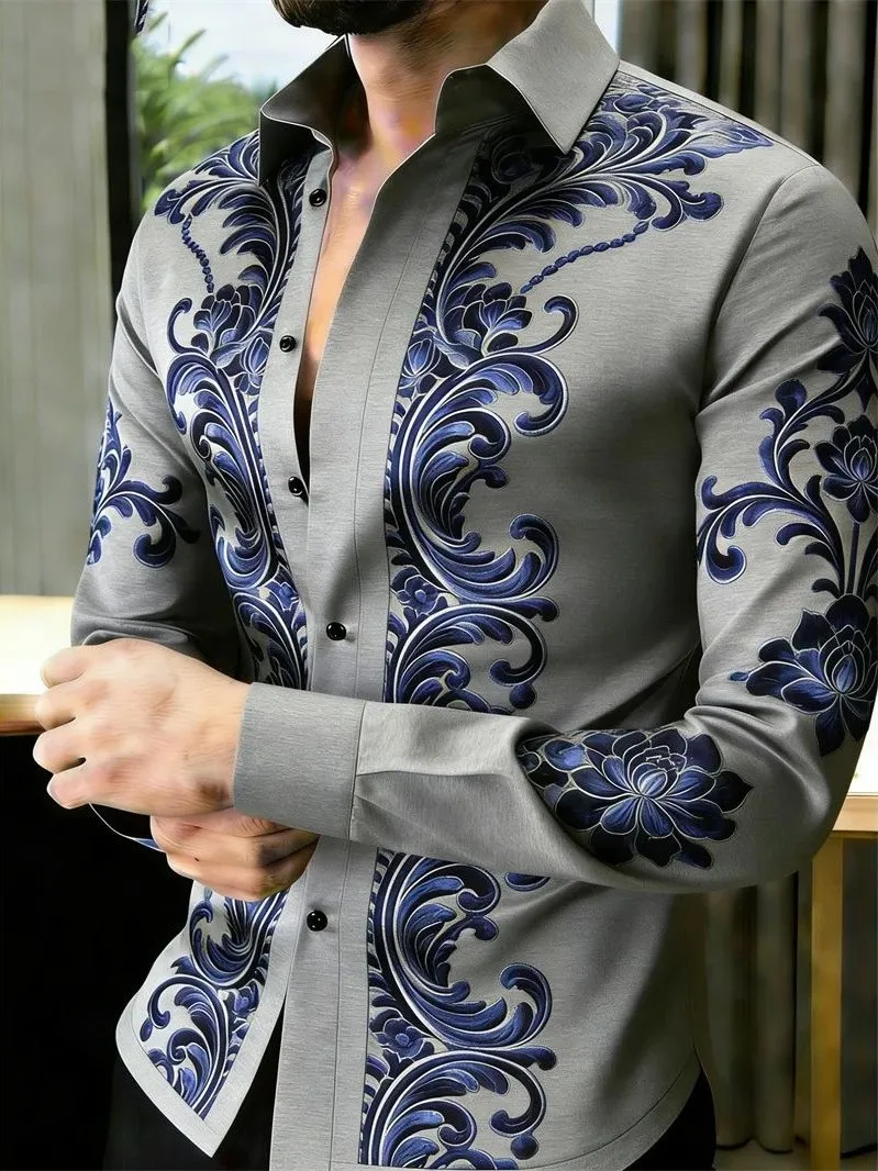 

Men's Color Block Printed Collar Shirt Fashion Urban Style Long Sleeve Polyester Fiber Easy Care Casual Wear Turn down Collar