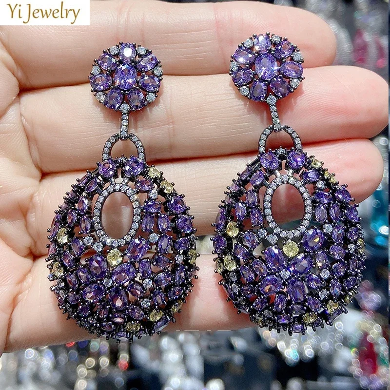 Luxury Earrings for Women Trendy Zircon Purple Flower Water Drop Dangling Earrings Wedding Bride Jewelry Gift Female