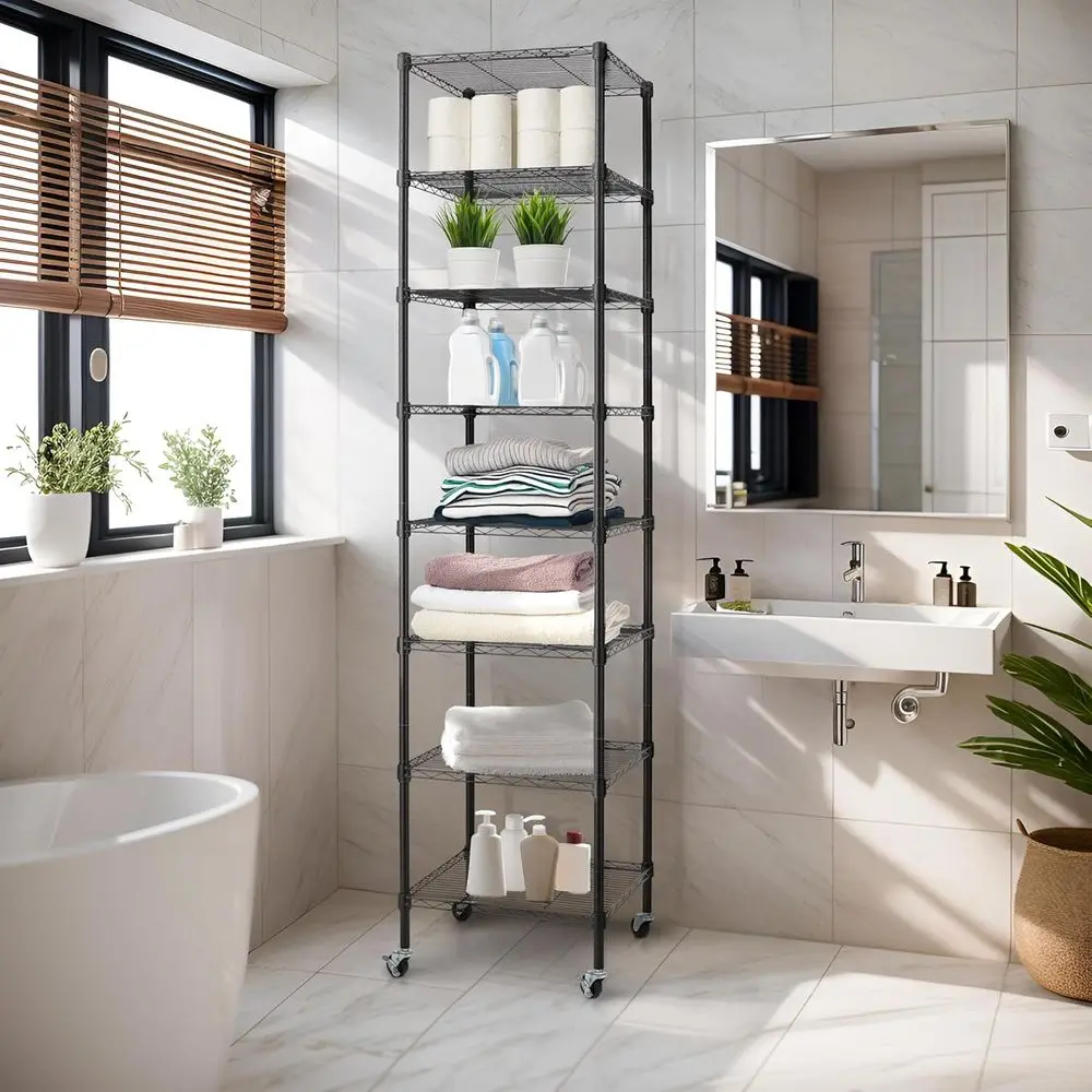 Industrieel rollend draadrek met 8 niveaus, 18x18x78,7, robuust verstelbaar metalen opbergmeubel, NSF-gecertificeerd, zwart