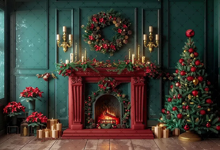 Mehofond Photography Background Green Christmas Fireplace Gifts Xmas Tree Children Family Portrait Decor Backdrop Photo Studio