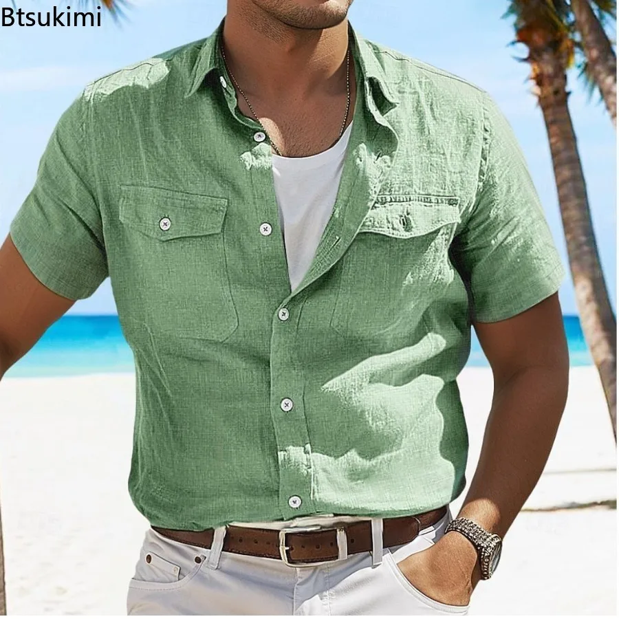 New 2025 Men's Summer Short Sleeve Cotton Line Shirt Casual Solid Color Loose T-shirt for Men Pocket Design Beach Male Top Tees