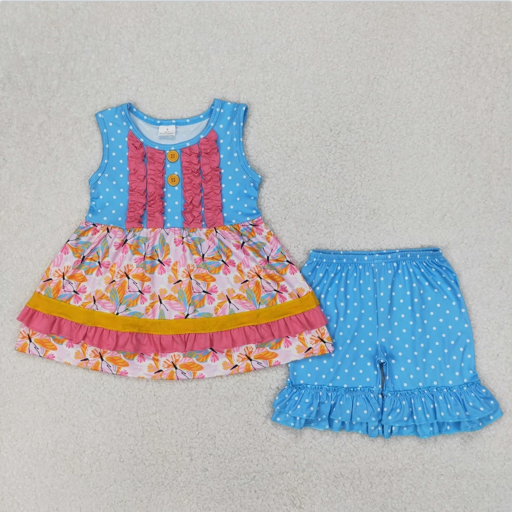 

wholesale children's clothing short sleeved summer 2 pieces suit sets Baby Girls Butterfly Ruffle Tunic Shorts Clothes Sets