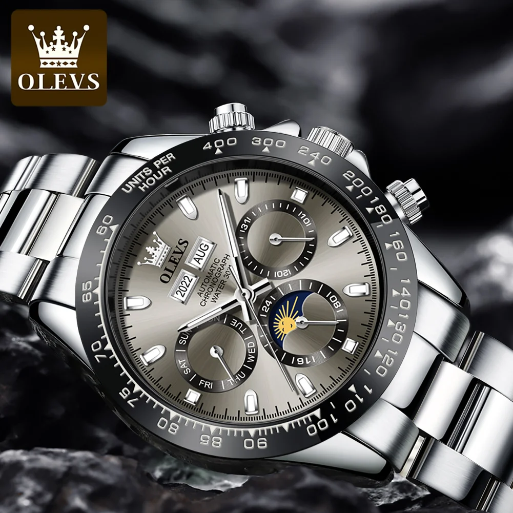 OLEVS 6654 Automatic Watches Waterproof Stainless Steel Luminous Moon Phase Dual Calendar Luxury Brand Mechanical Watch for Men