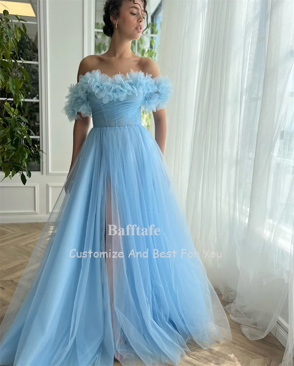 Bafftafe Blue Soft Tulle Long Prom Dresses Ruffles Formal Evening Party Dress A Line Split Special Occasion Gowns Women Wear