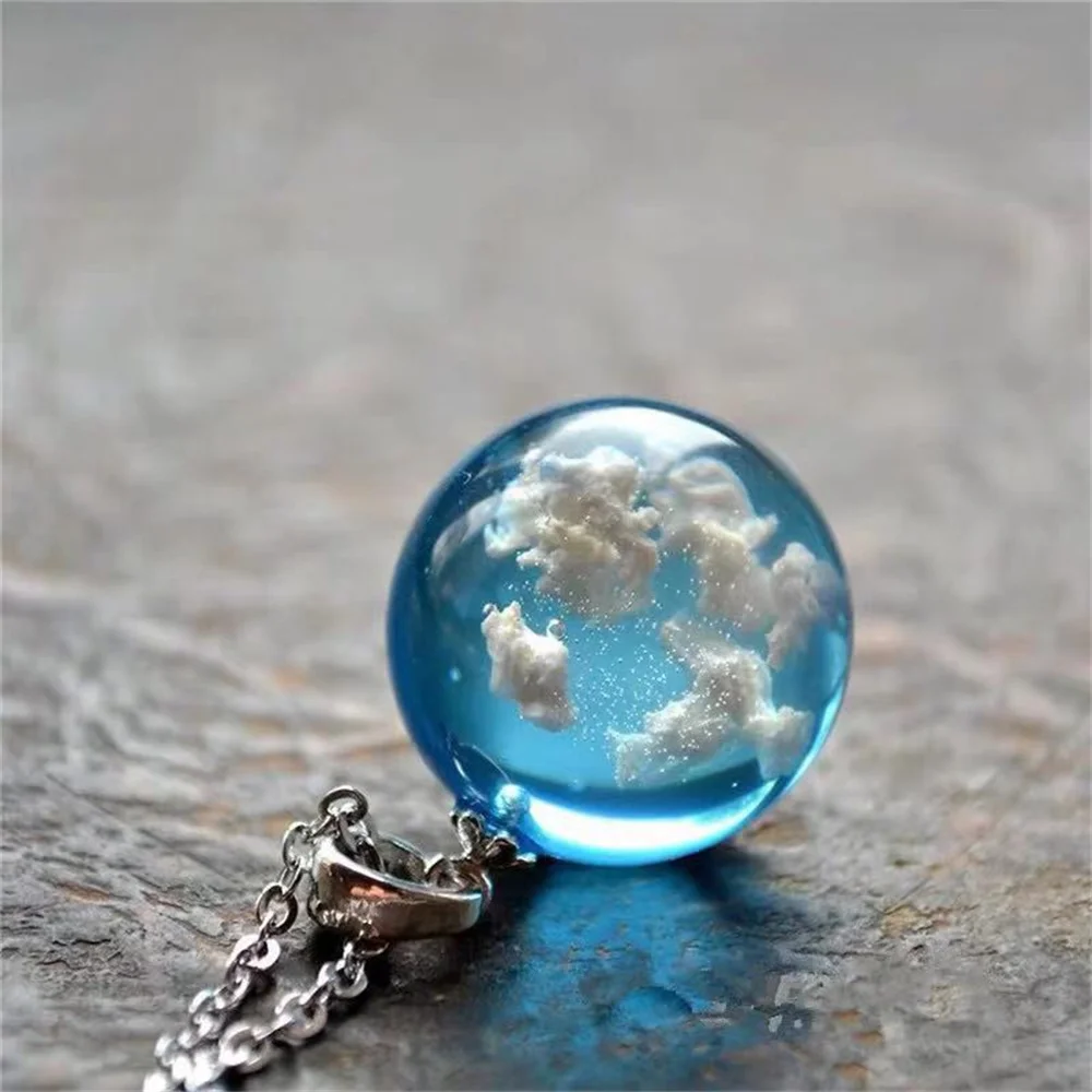 1pc Blue Sky With White Clouds Pattern Round Resin Pendant Necklace Transparent Ball Pendant Sweater Chain Holiday Gift