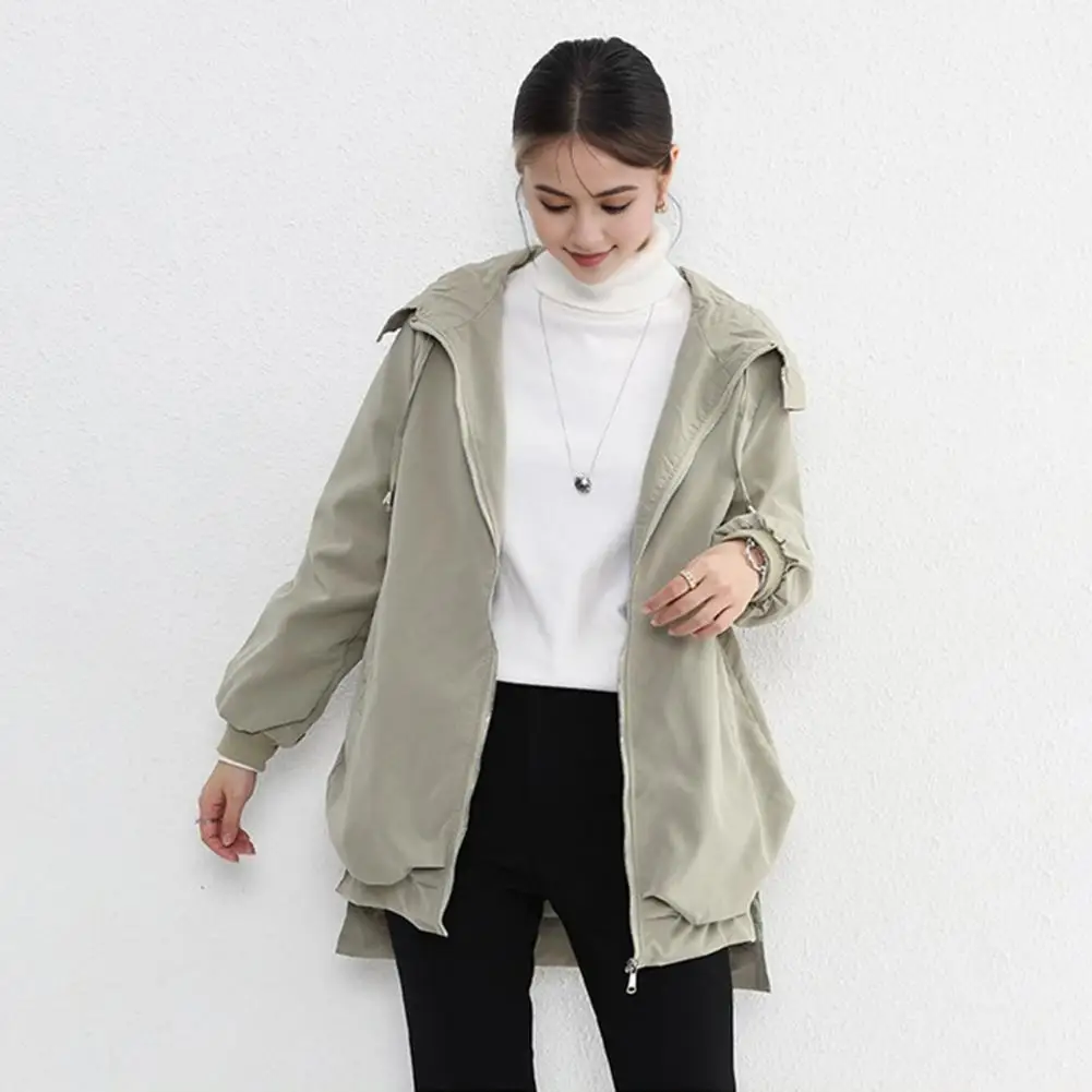 Zipper Fly Jacket Stylish Windproof Hooded Cardigan for Women with Split Hem Drawstring Closure for Outdoor Activities Travel