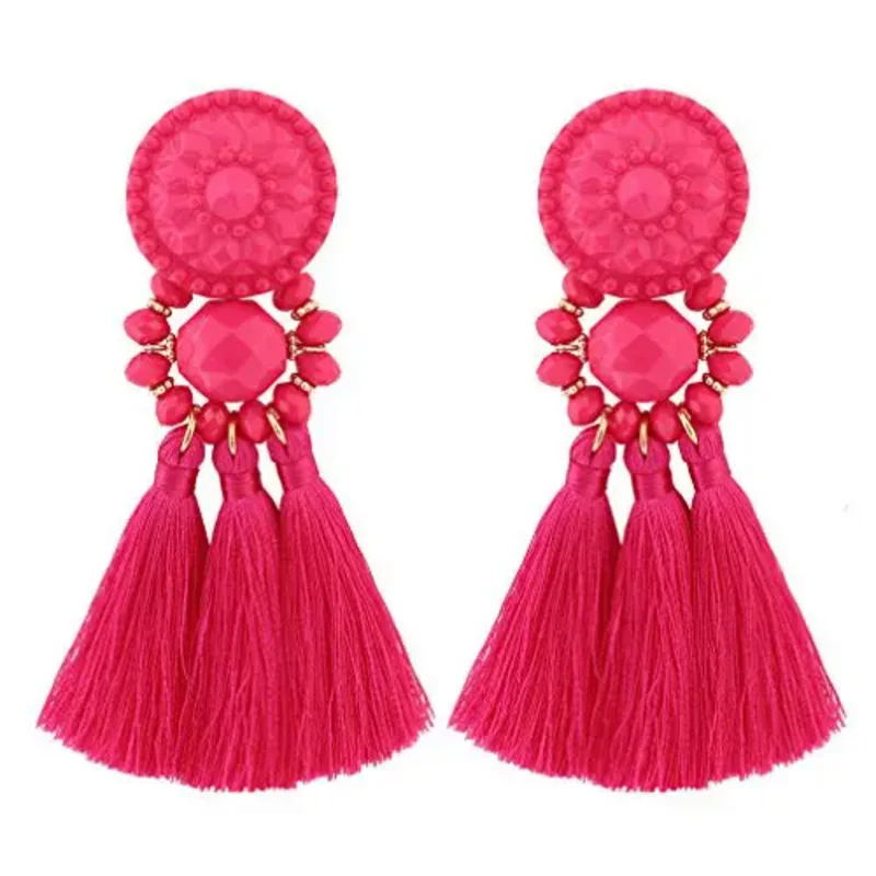 

Bohemian Statement Thread Tassel Chandelier Drop Dangle Earrings with Cassandra Button Stud