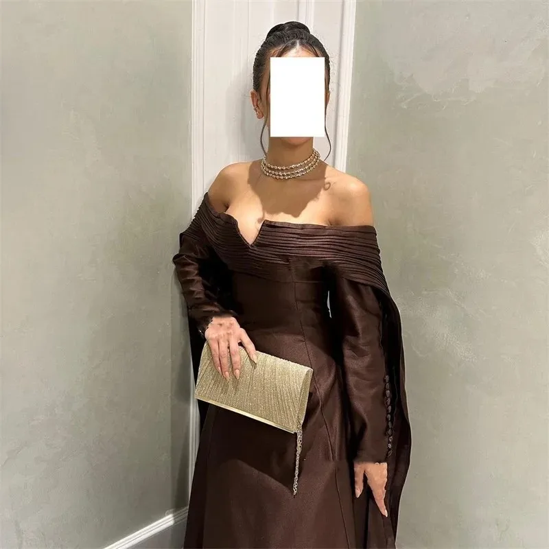 

Flora Dress Elegant Brown Satin Boat Neck Mermaid Prom Dresses Off Shoulder Dubai Arabic Long Sleeves Evening Gown For Women