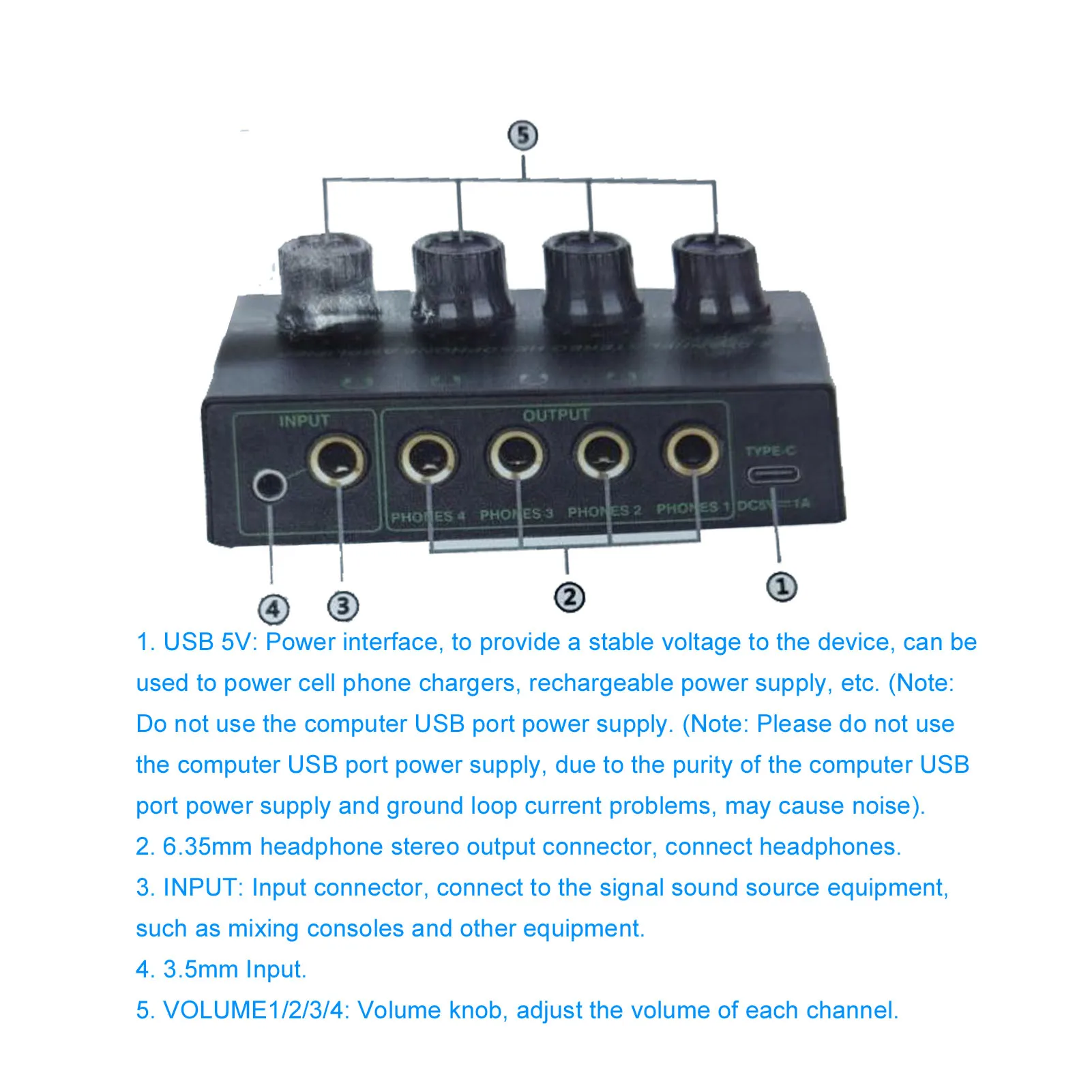 4 قناة مضخم ضوت سماعات الأذن USB إمدادات الطاقة ميناء مقبض تعديل حجم مكبر صوت ستيريو مضخم ضوت سماعات الأذن ستيريو