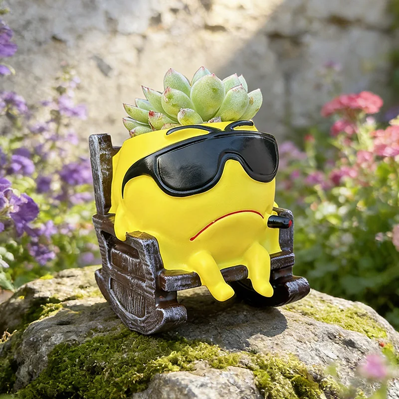 Yellow Rubber-styled Funny Expression Flowerpot For Desk Storage. Outdoor Garden Succulent Plant Breathable Flowerpot