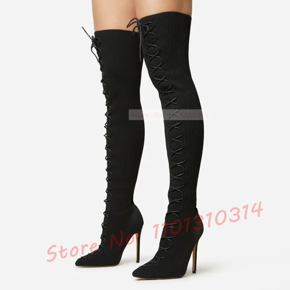 Pink Ribbed Knit Thigh High Boots Women Lace Up Pointed Toe Streetwear High Heels Shoes Warm Spring Female Elegant Long Boots