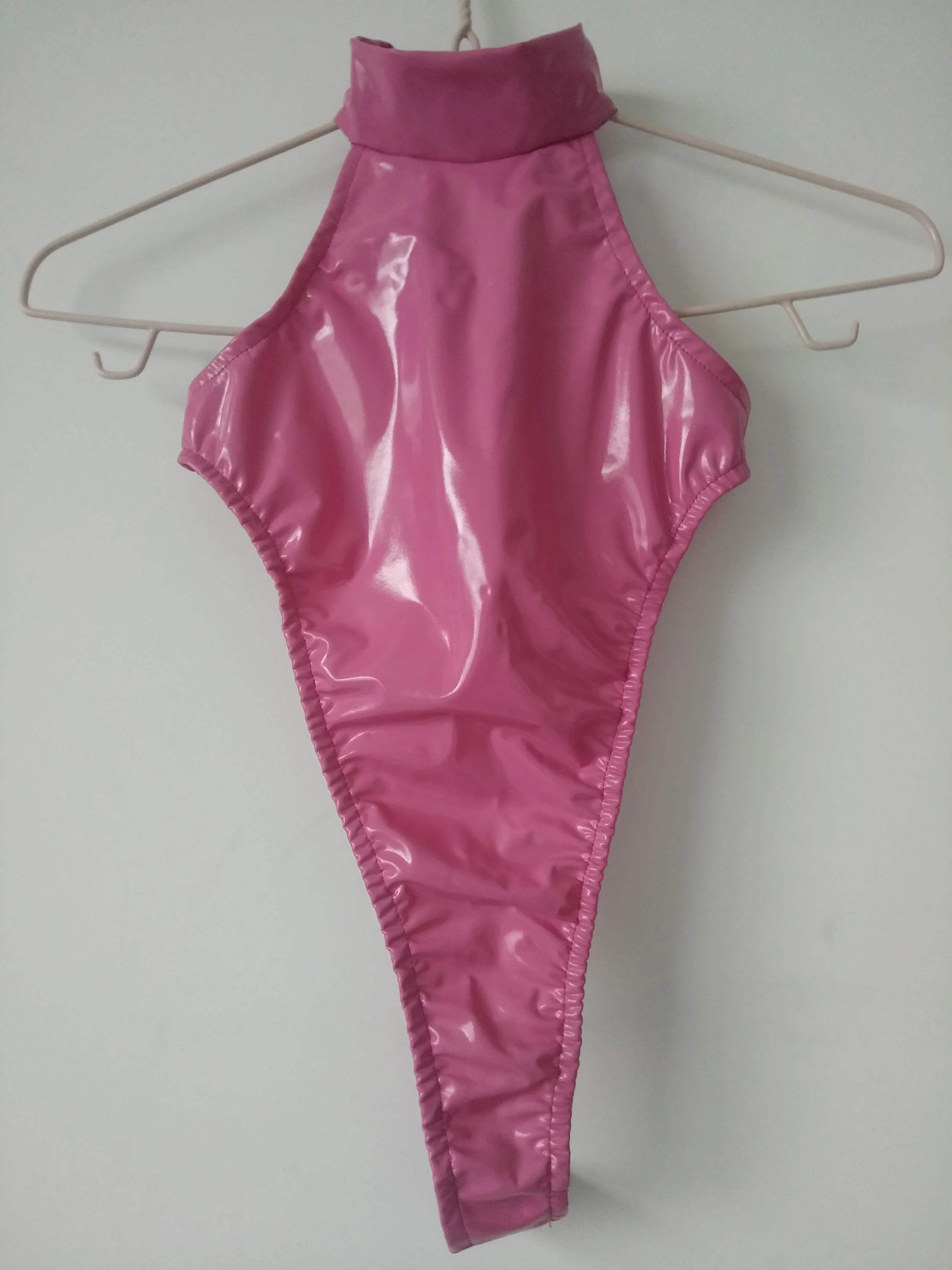 Traje de baño de una pieza para mujer y niña, traje de baño de cuello alto, medias de PVC brillante, Bikini de piel sintética, aspecto húmedo, nuevo diseño