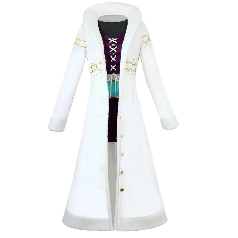 Anime Nico Robin Costume Cosplay Cappello Abito viola Uniforme Collo lungo in pelliccia Mantello bianco Vestito punk Halloween per Halloween per adulti