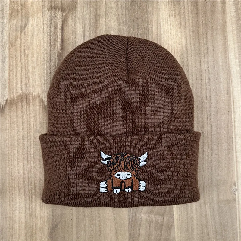 Unisex-Mütze mit Highland-Kuh-Stickerei, weiche warme Strickmütze für den Herbst und Winter – Detail 8