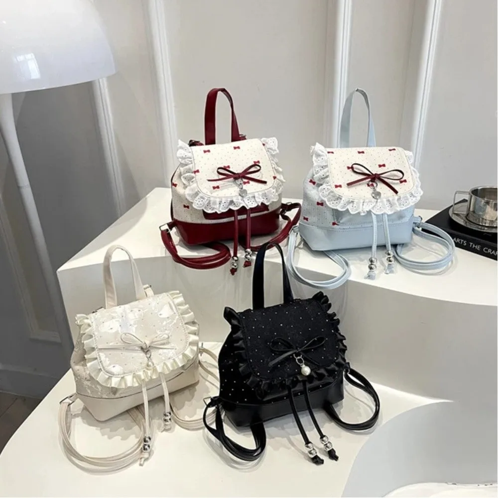 

Fashion Lace Trim Butterfly Knot Backpack Sweet Bow Lightweight Small Book Bag Polka Dot Mini Backpack Women
