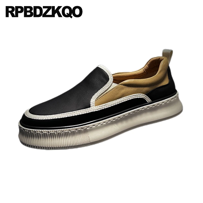 

Round Toe Creepers Harajuku Athletic Sport Sneakers Cow Skin Muffin Skate Shoes Flatforms Men Patchwork Flats Trainers Slip On