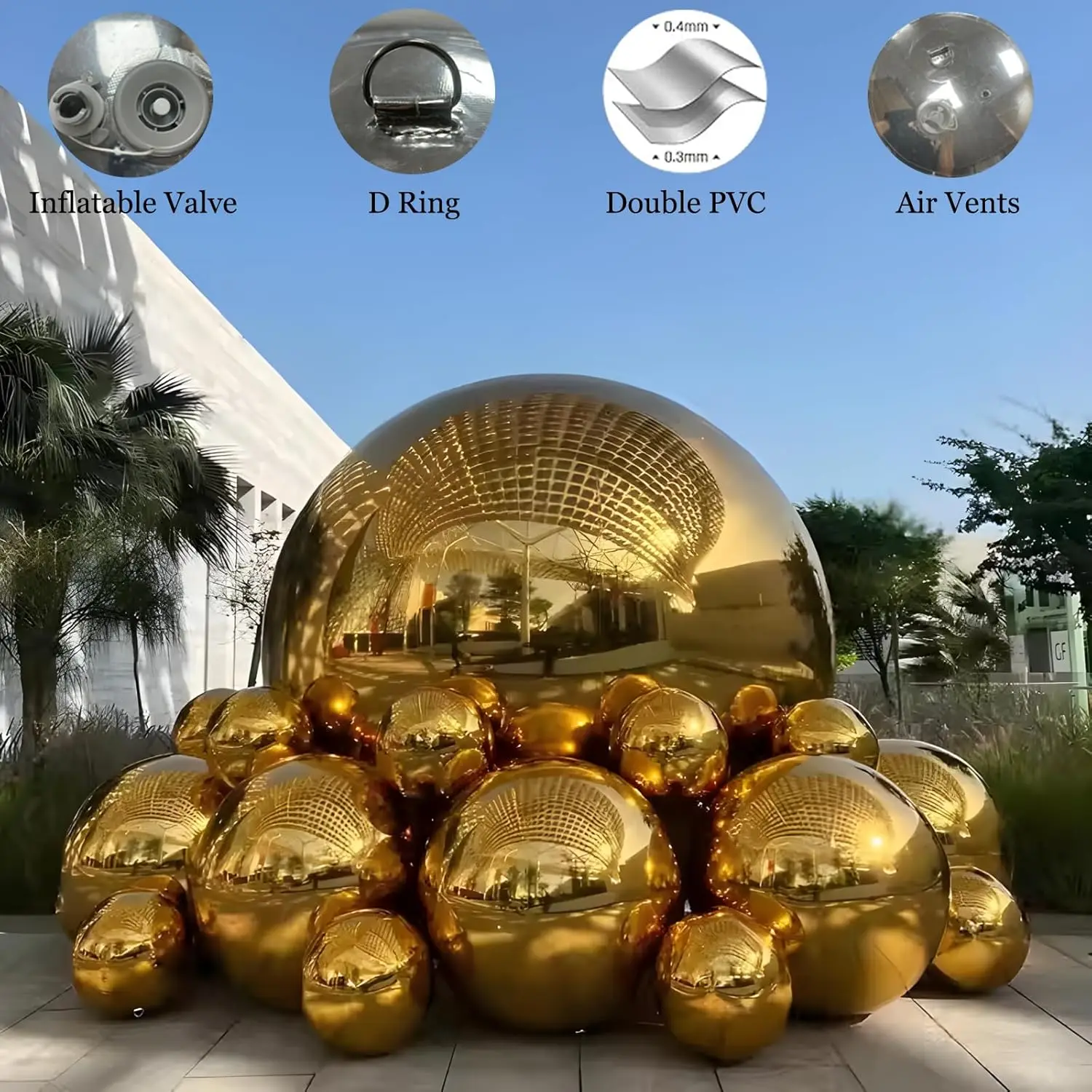 6PCS Inflatable Mirror Balls Gold Reflective Balls Hanging and Standing Inflatable Disco Balloon for Parties and Wedding Event