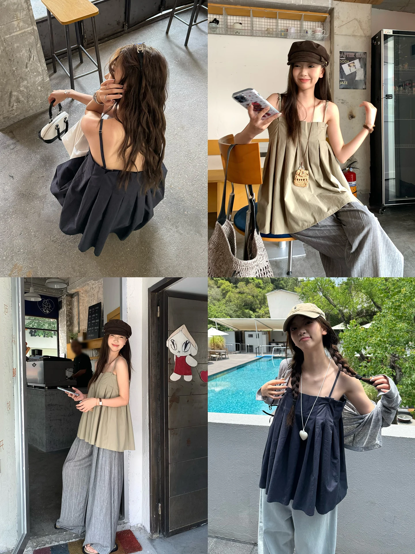 Huanghuangjia Summer 2025 Women's Base Tank Top Multi-fold Strap Pure Color Anti-aging Design Commute Sle Cotton Blend Vest