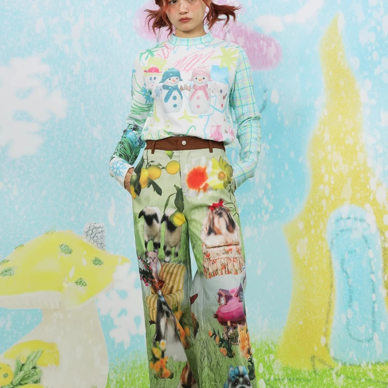 2025 Spring And Summer Women's Trousers Japanese Original Y2K Green Cartoon Cute Printed Elastic Wide-leg Casual Long Pants Girl