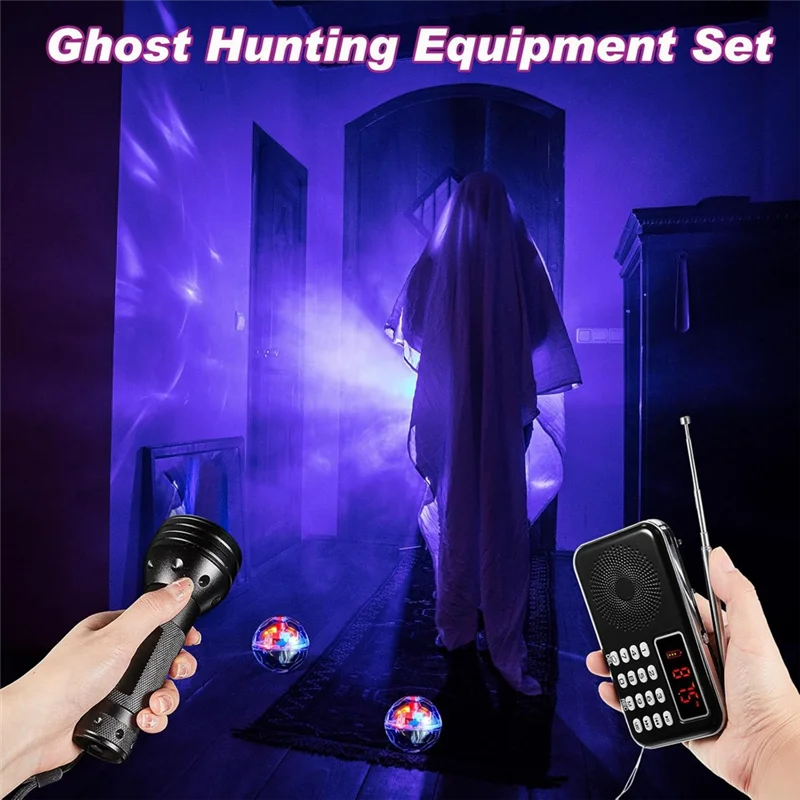 راديو FM B50B-1، 4 كرات قطط مضاءة (مع بطارية)، 1 مصباح يدوي للأشعة فوق البنفسجية أسود - 6 قطع لمجموعة معدات البحث الخارجية #1