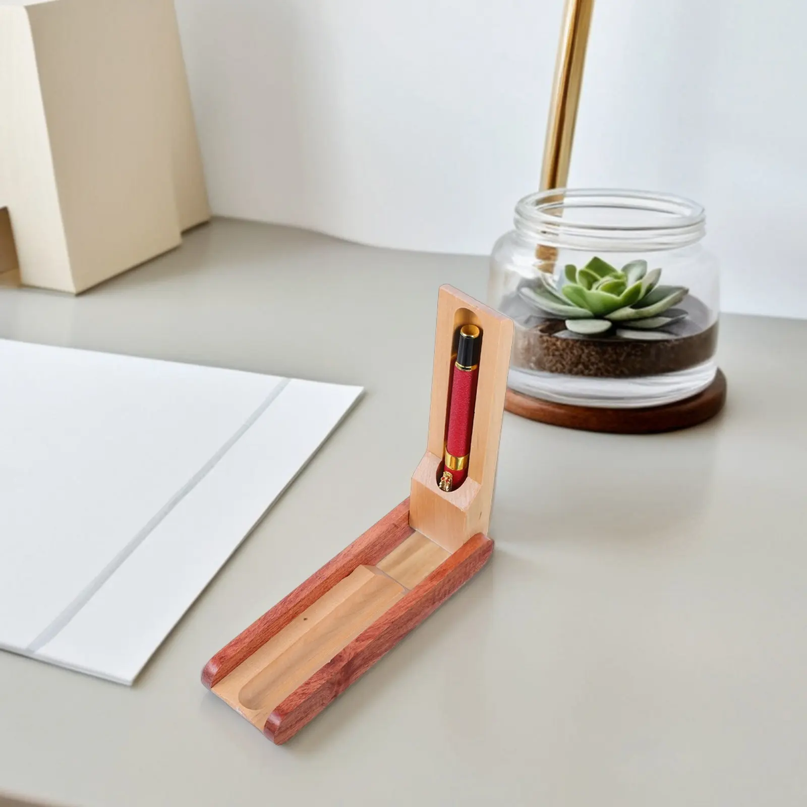 Solid Wood Pen Box Dual Tone Vintage Flip Design Pen Organizer Case for Office Desk Writing Instrument Storage