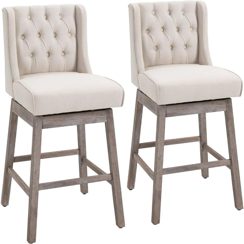 

Bar Height Bar Stools Set of 2, 180 Degree Swivel Barstools, 30" Seat Height Bar Chairs with Solid Wood Footrests and Button Tu