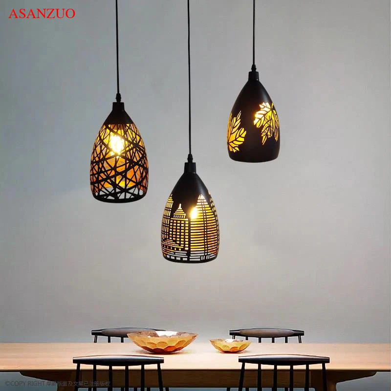 

Vintage Pendant Lights Black Gold Retro Hollow Carved Maple Leaf Football Creative Metal hanging light E27 Bar Restaurant lamps