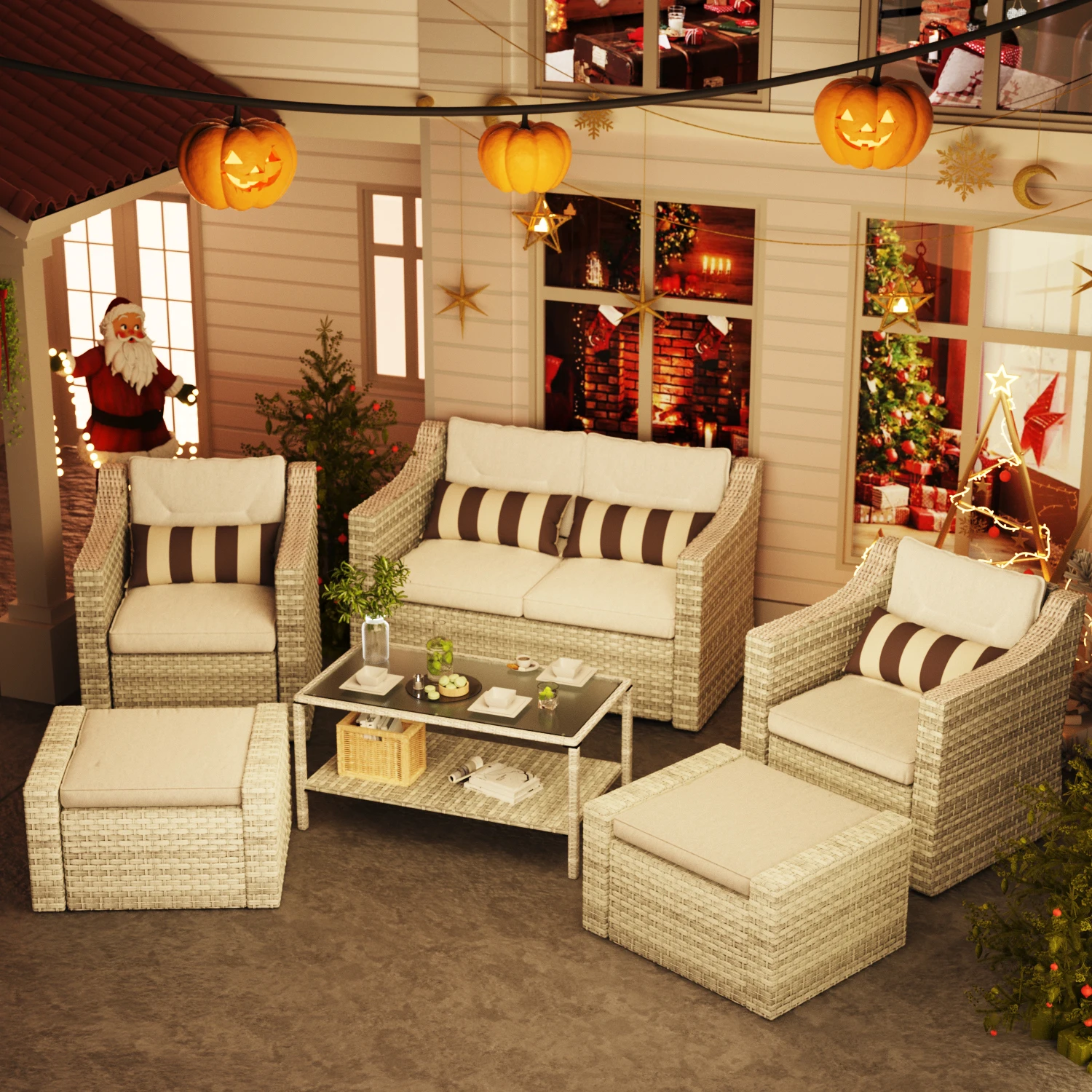 Brown Rattan Outdoor Patio Furniture Set with Cushions