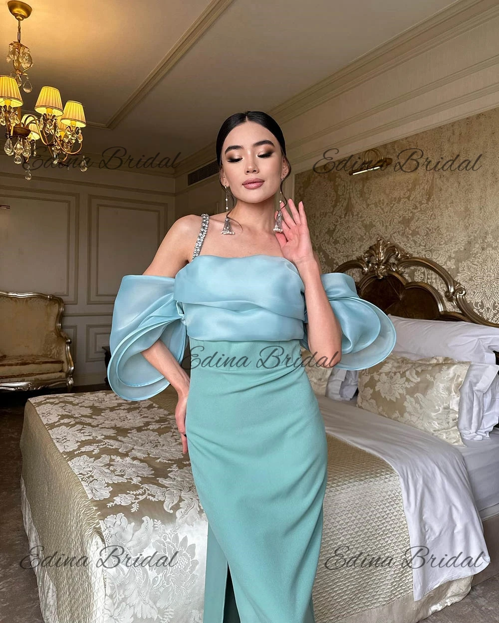 Prom Kleid Scheide Patchwork rücken frei knöchel langen Vierkant hals فساتين سفرة فgeoir nab