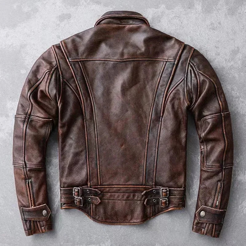 Brown Natural Cow Leather Coat Vintage Jacket Men Motorcycle Slim Fit Lapel Retro Old Bomber Aviator Genuine Leather Mens Jacke