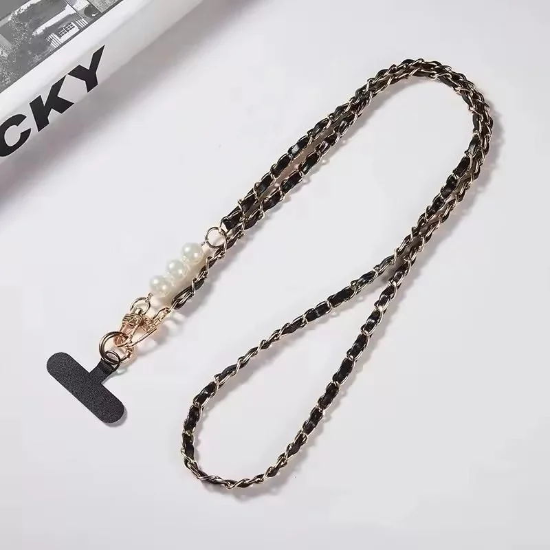 

Phone Lanyard Women's Long Leather Woven Metal Chain With Pearl Phone Case Universal Phone Lanyard Diagonal Cross Bag Decoration