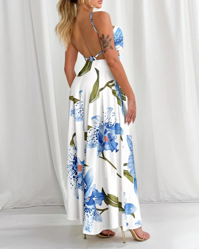 Blumendruck, schulterfrei, ärmellos, Taille, aushöhlen, langer Rock für Frauen im Sommer, elegantes, schmal geschnittenes, sexy, rückenfreies A-Linien-Kleid