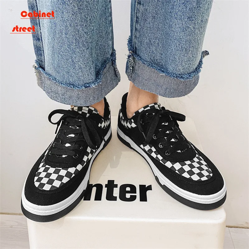 

Men's Fashion Canvas Men Casual Walking Shoes Black and White Checkerboard Checkered Niche Street Pats Harajuku Sneakers