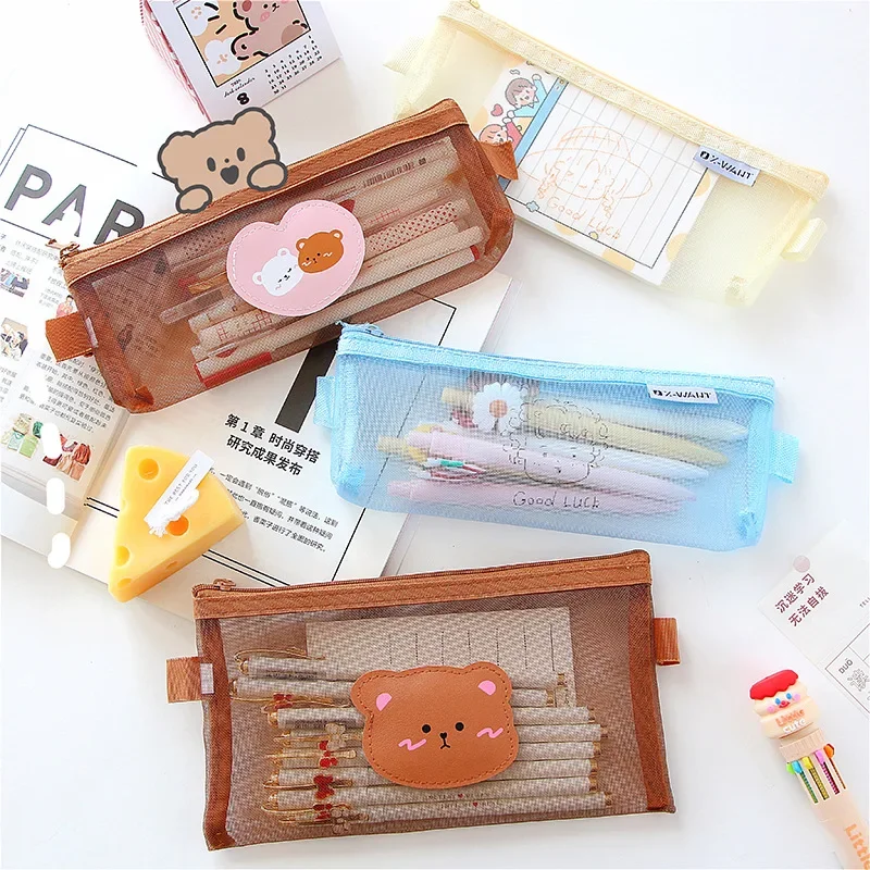 Cute Bear Transparent Mesh Pencil Case Ins Portable Toiletry Makeup Pencil Bag Stationery Gift School Pencil Box Crafts Supplies